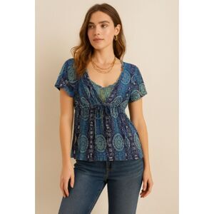 Vintage Y2K Babydoll Mesh Boho Hippie Lettuce Hem Tie Front Blouse Size Large